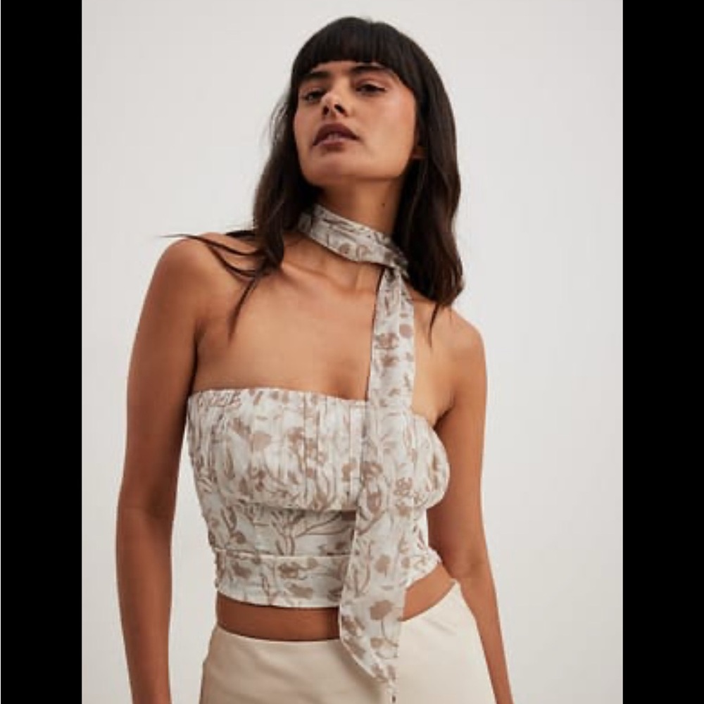 Cream Smocked Bustier Crop Top with neck scarf